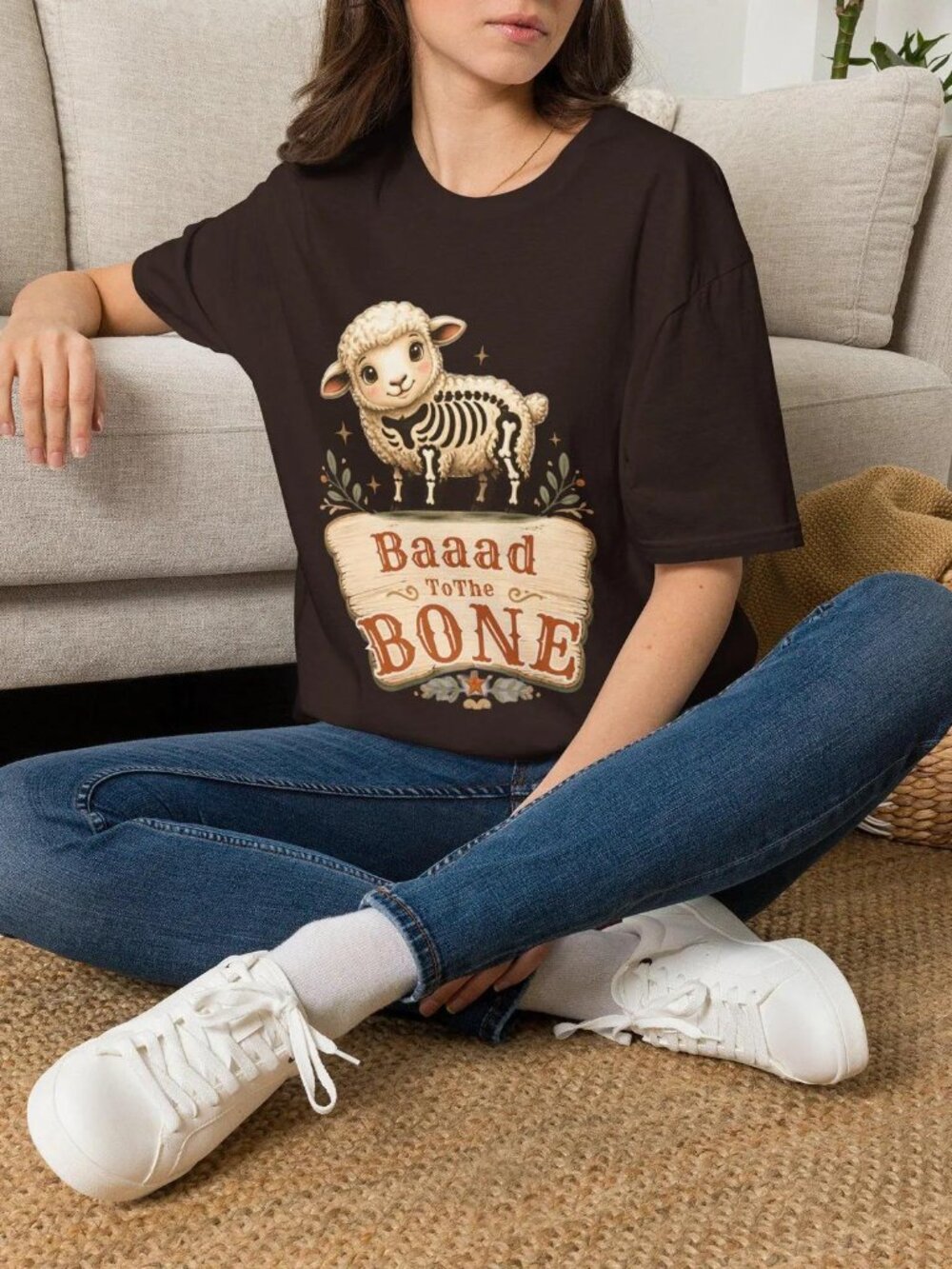 Baaad To The Bone Halloween T-Shirt Funny Sheep Shirt Skeleton Sheep Tee
